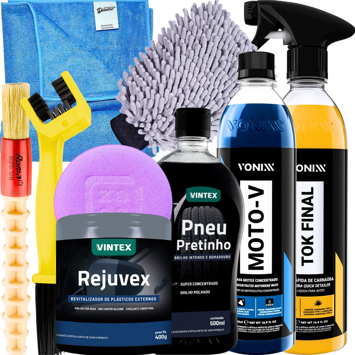 Kit Shampoo Cera Pneu Pretinho Para Lavagem De Moto Vonixx